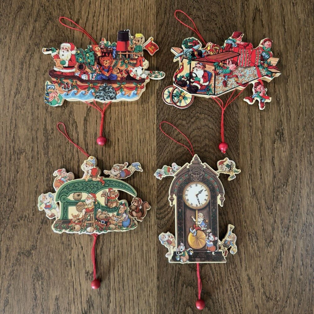 Vintage Wooden Pull String Christmas Ornaments Set Of 4 Jumping Jack Style Toys